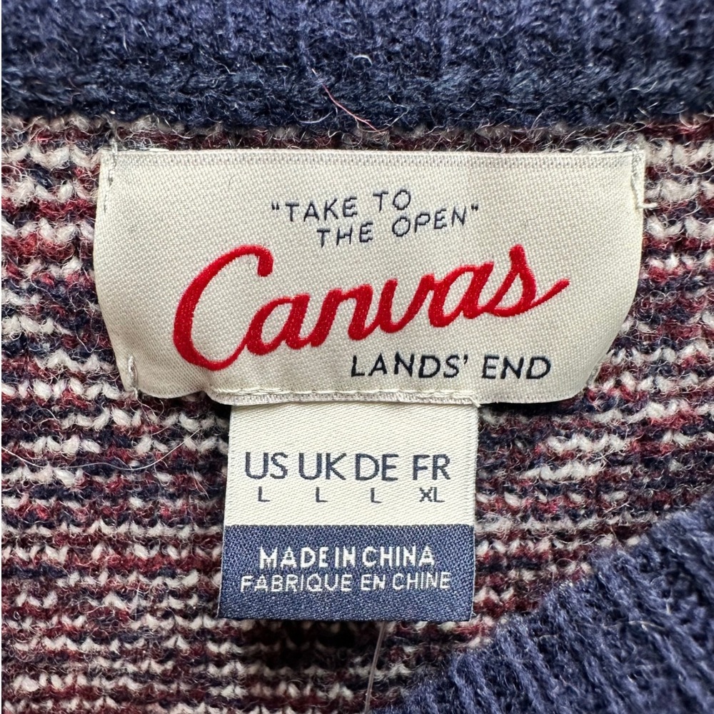 Lands End Canvas Mens Large Lambswool Fair Isle Ski Novelty Sweater Navy Cream - Picture 2 of 5